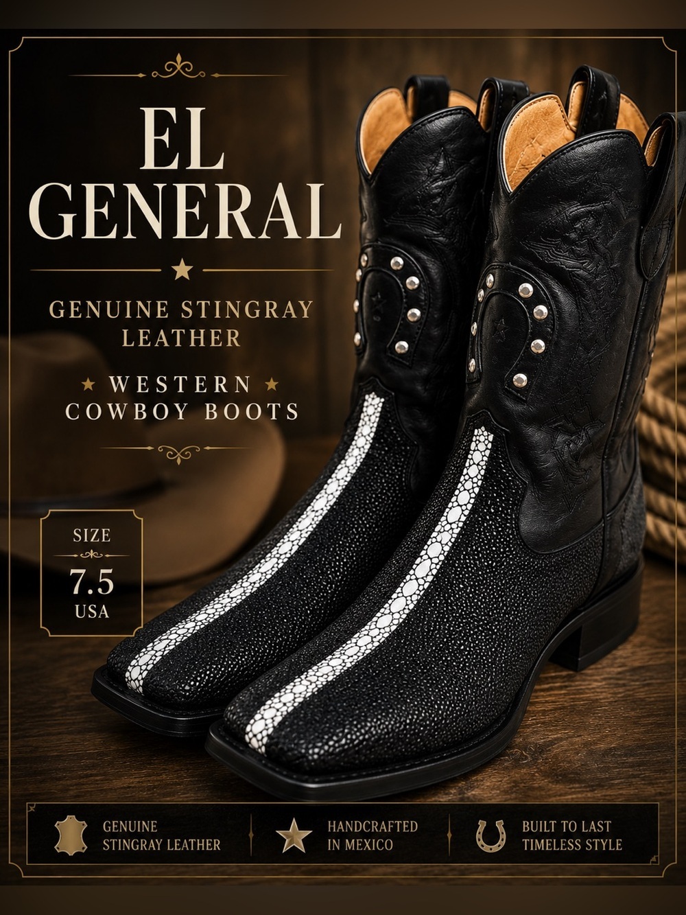 El General Genuine Stingray Leather Western Cowboy Boots Black Pearl Size 7.5